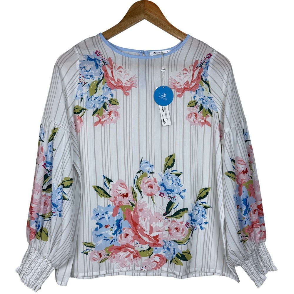 NWT Cupshe Floral Striped Blouse Balloon‎ Sleeve Womens Small Smocked Cuff Boho